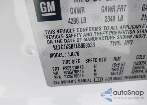 2020 Chevrolet Trax Fwd Ls z USA, uszkodzony, nr VIN KL7CJKSB1LB058533